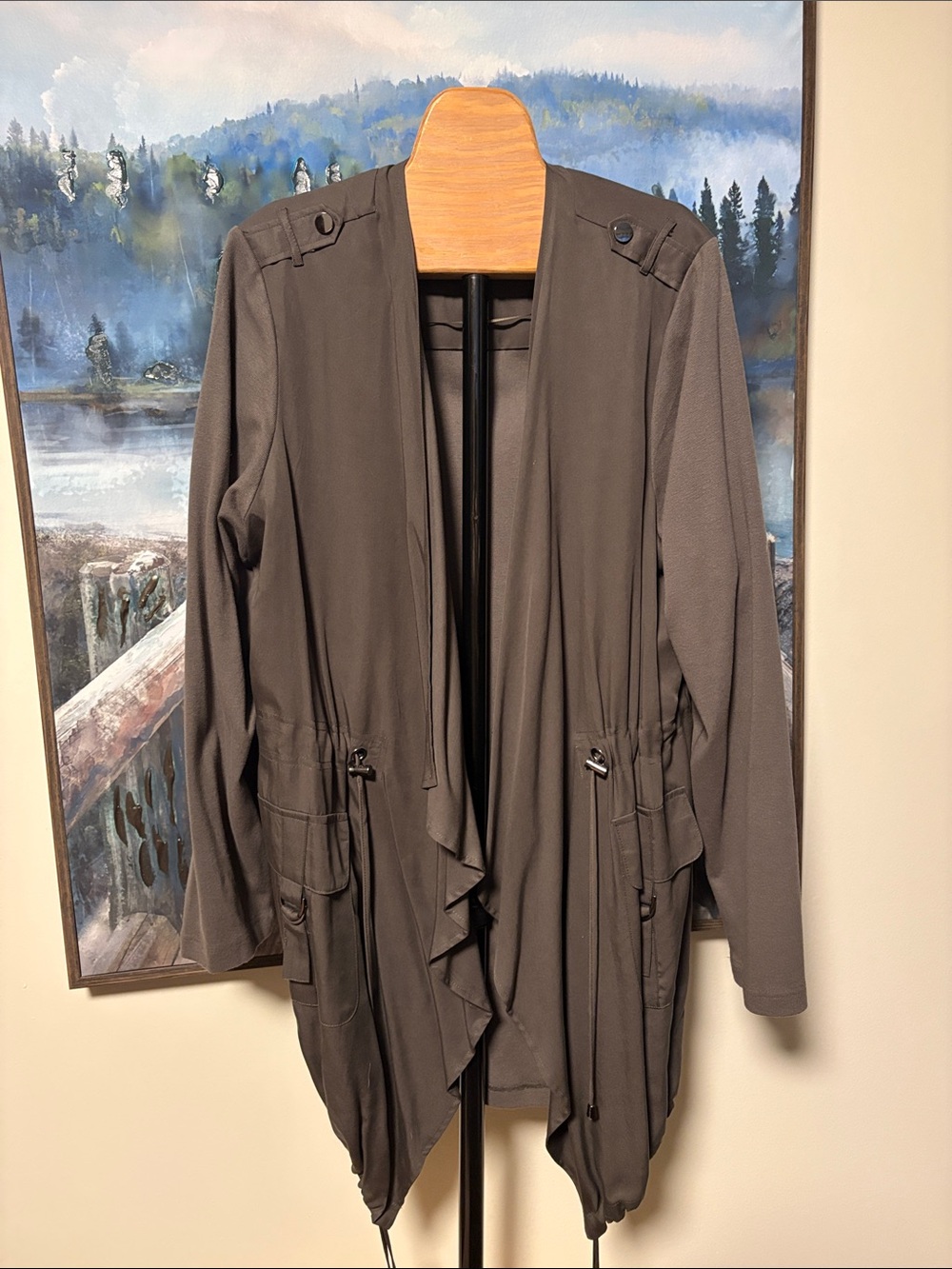 Carolina Belle Olive Gray Draped Open-Front Utility Jacket